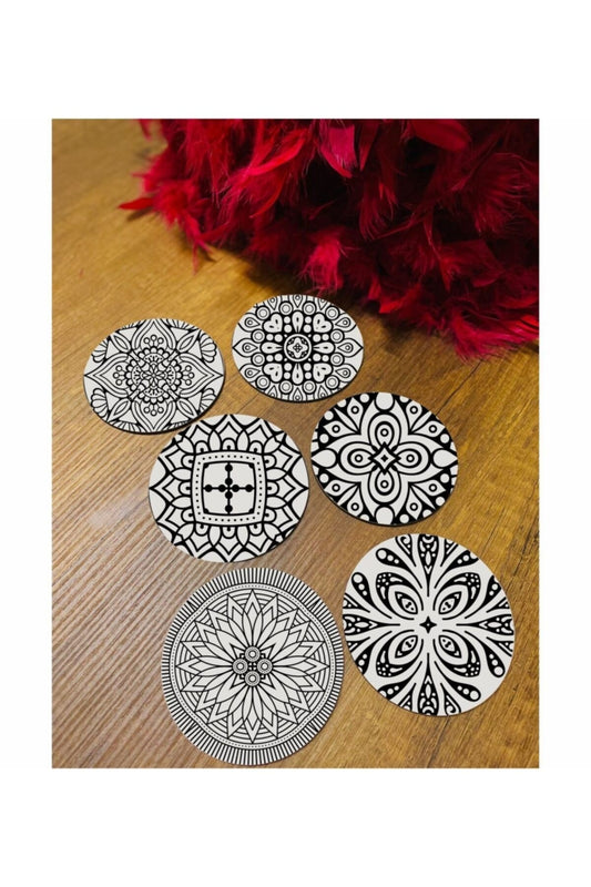 6 Parça Siyah-beyaz Ahşap Bardak Altlığı