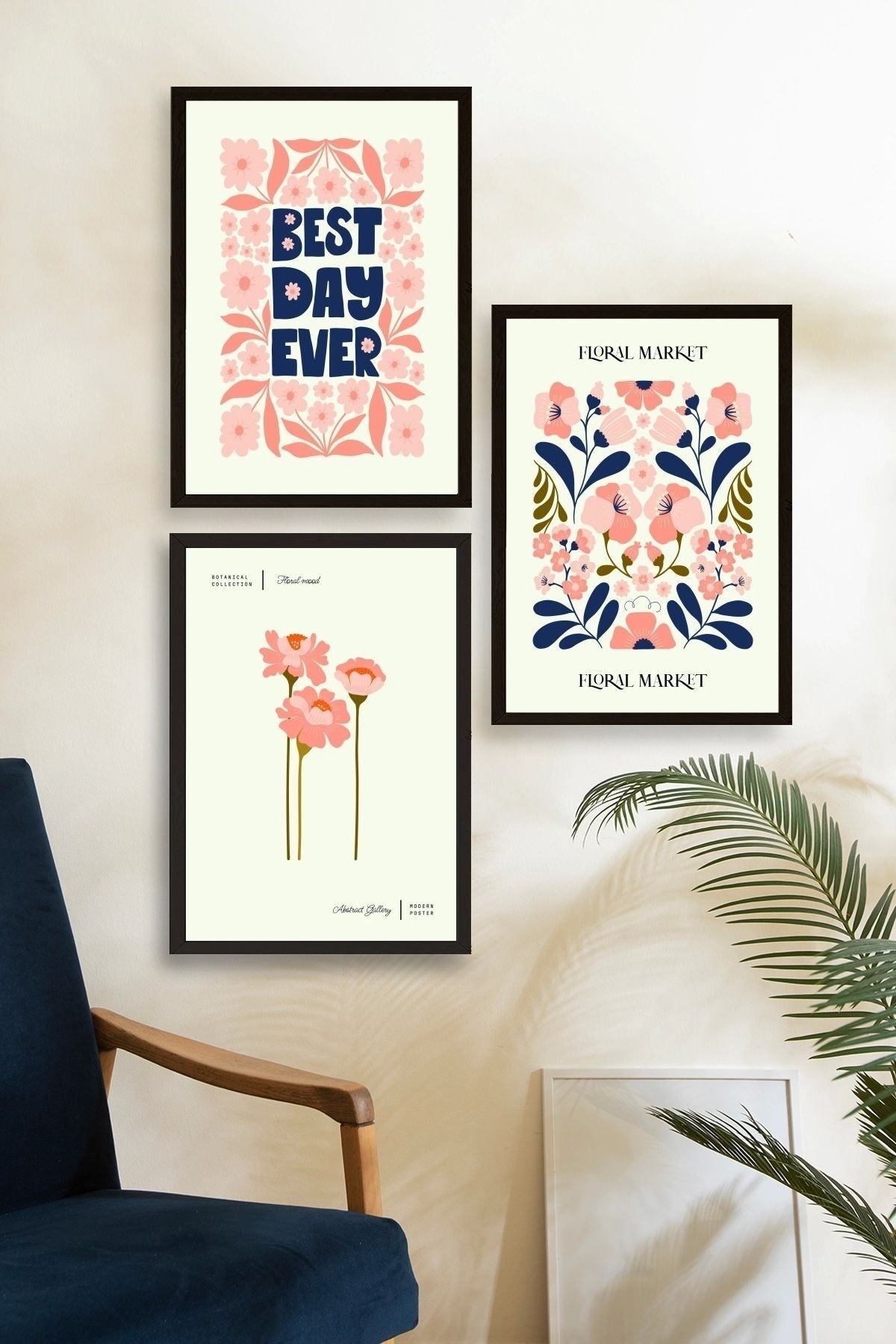 Flower Market Üçlü Ahşap Çerçeveli Tablo 50 x 70