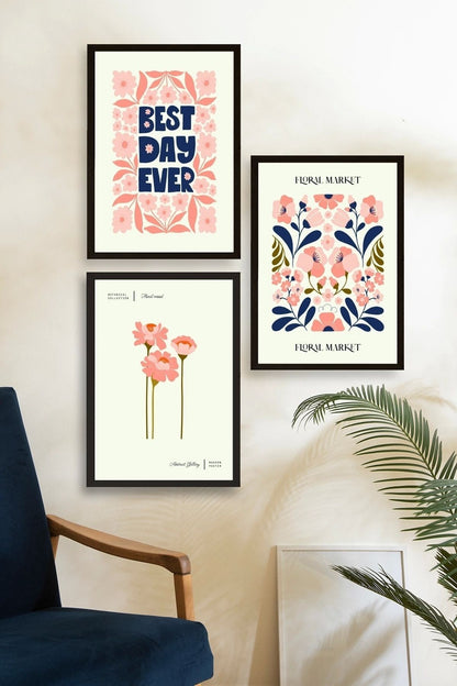 Flower Market Üçlü Ahşap Çerçeveli Tablo 50 x 70