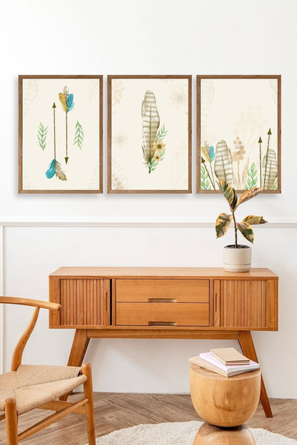 Çiçekli Desenler Üçlü Ahşap Çerçeveli Tablo 30 x 42