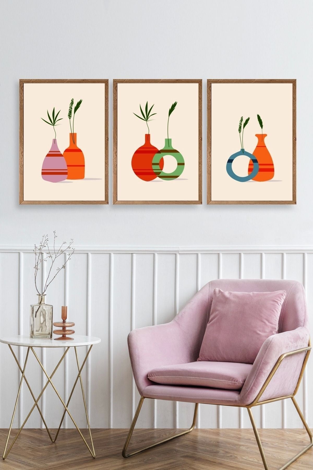 Çiçek Desenli Üçlü Ahşap Çerçeveli Tablo 30 x 42