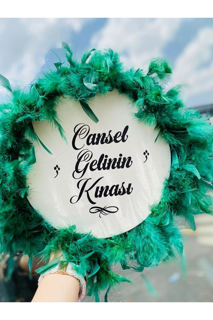 Kişiye Özel Tüylü Kına Gecesi Tefi,yeşil Tüylü Gelin Tefi (28 CM)