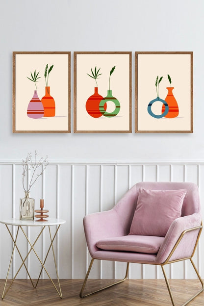 Çiçek Desenli Üçlü Ahşap Çerçeveli Tablo 50 x 70