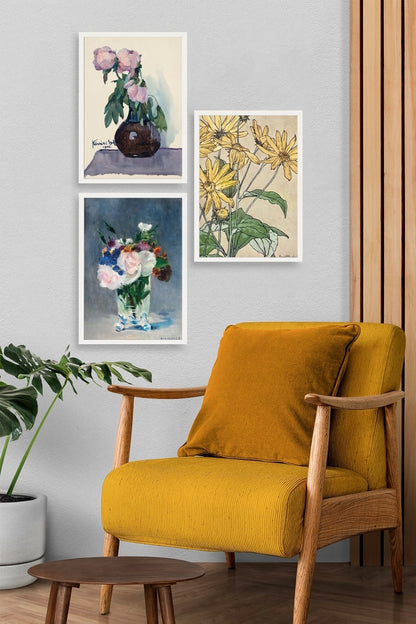 Vazodaki Çiçekler Üçlü Ahşap Çerçeveli Tablo 40 x 60