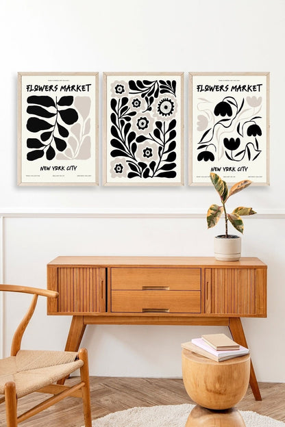 Flower Market Üçlü Ahşap Çerçeveli Tablo 40 x 60