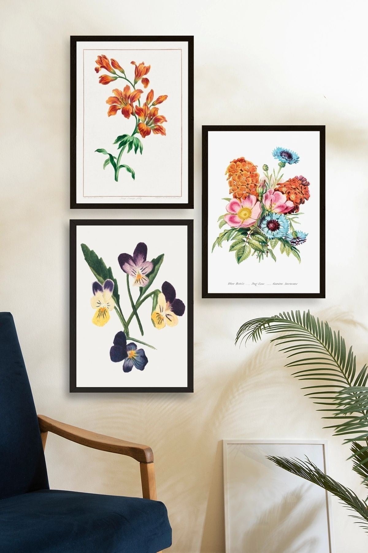 Çiçek Üçlü Ahşap Çerçeveli Tablo 50 x 70