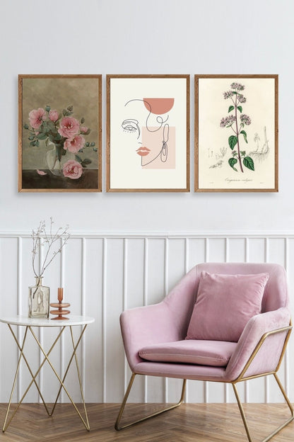 Çiçek Üçlü Ahşap Çerçeveli Tablo 23 x 30