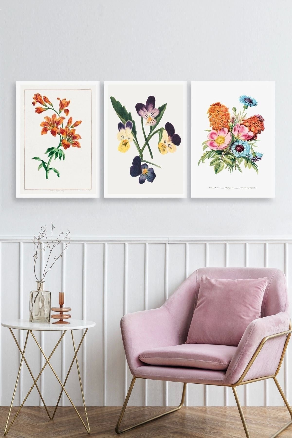 Çiçek Üçlü Ahşap Çerçeveli Tablo 50 x 70