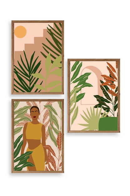 Düşündüren Çiçekli Üçlü Ahşap Çerçeveli Tablo 50 x 70