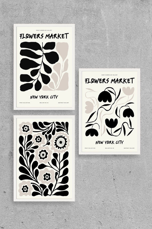 Flower Market Üçlü Ahşap Çerçeveli Tablo 50 x 70