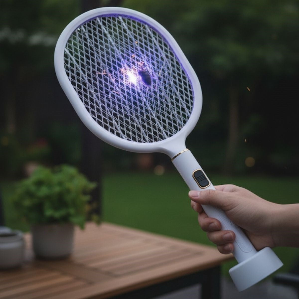 BUFFER® USB Şarjlı Beyaz Renk Kendiliğinden Standlı Şarj Göstergeli UV Işıklı Sinek Öldürme Raketi LTD-718