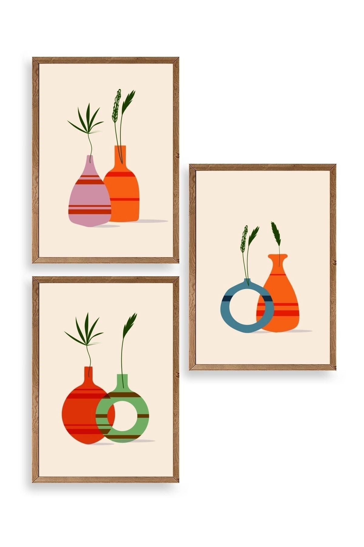 Çiçek Desenli Üçlü Ahşap Çerçeveli Tablo 17 x 23