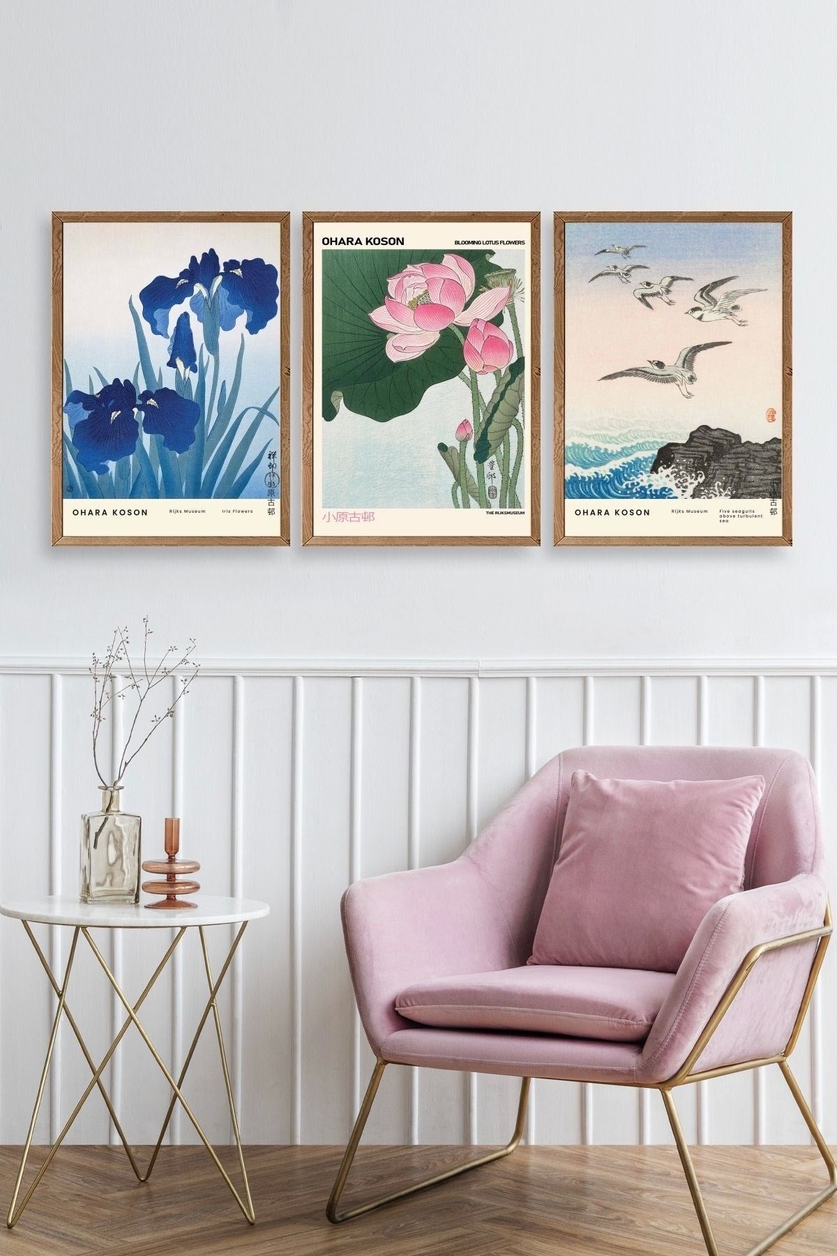 Vazodaki Çiçekler Üçlü Ahşap Çerçeveli Tablo 30 x 40