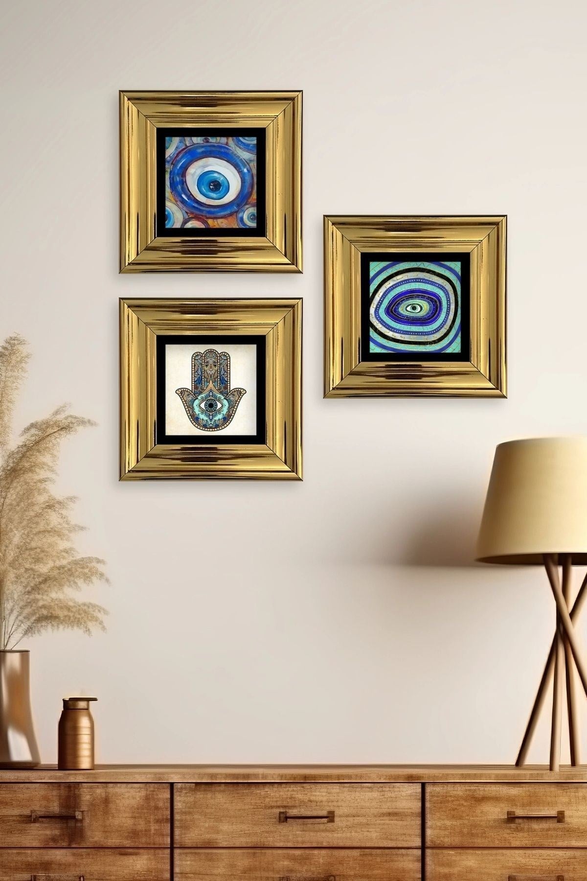 Nazar 3 lü Set Çerçeveli Taş Tablo 20 cm