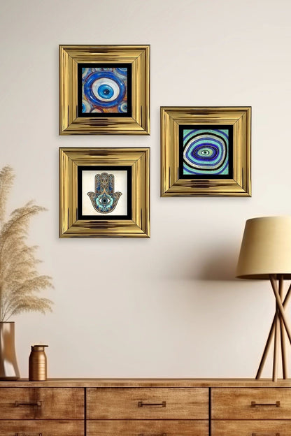 Nazar 3 lü Set Çerçeveli Taş Tablo 20 cm