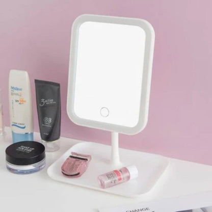 BUFFER® Dokunmatik LED Işıklı Kare Makyaj Aynası – Altı Organizer Kaseli, Ayarlanabilir Aydınlatmalı Masaüstü Makyaj ve Cilt Bakım Aynası