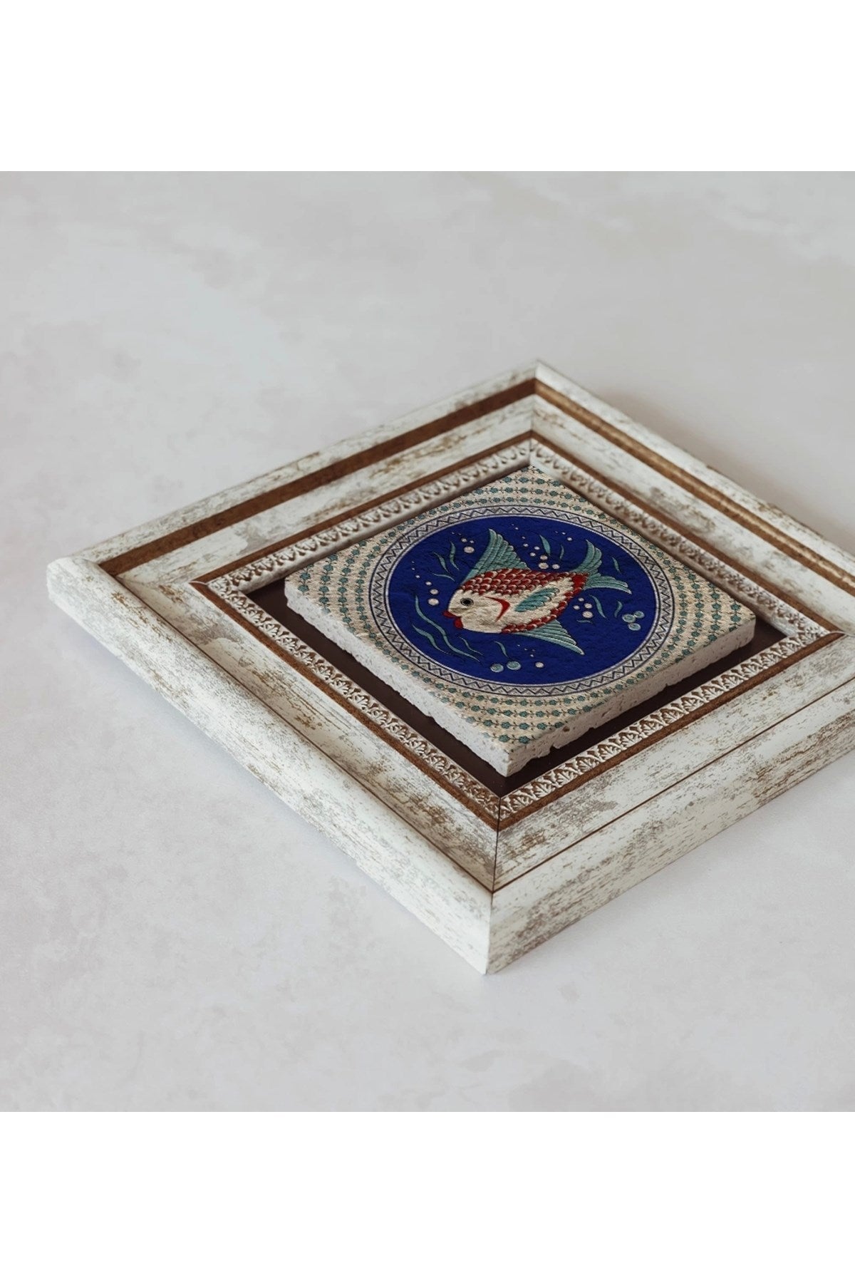 Balık Desenli Çerçeveli Taş Tablo , Çerçeveli Taş Duvar Dekoru 20 cm