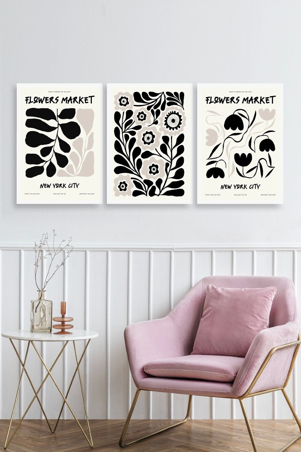 Flower Market Üçlü Ahşap Çerçeveli Tablo 50 x 70