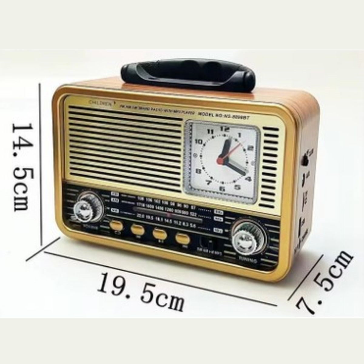 BUFFER® Orta Boy Saat Göstergeli Retro Ahşap Tasarım Bluetooth Hoparlörlü Radyo – FM/AM Destekli, Şarjlı ve Taşınabilir Radyo NS-8898