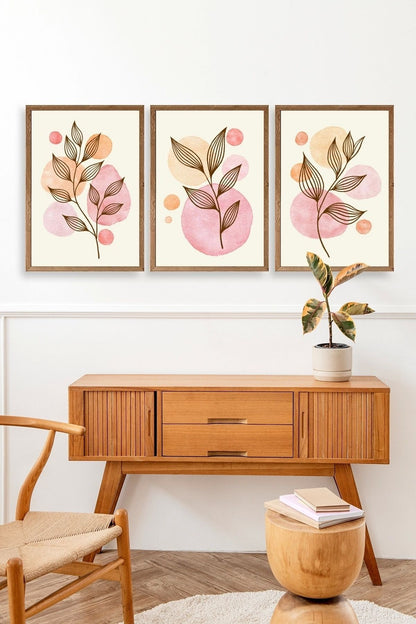 Çiçek Desenli Üçlü Ahşap Çerçeveli Tablo 50 x 70