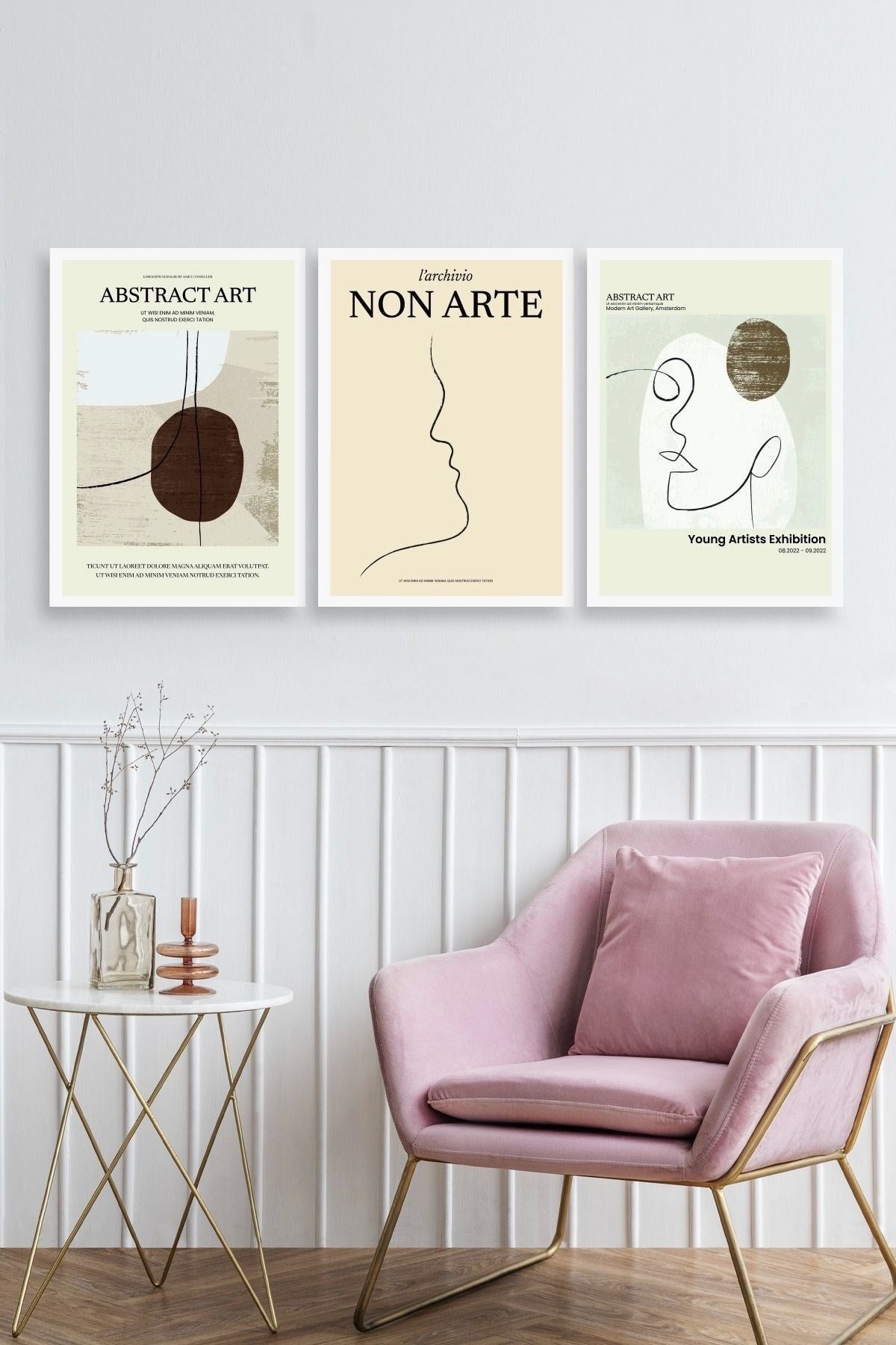 Soyut Sanat Üçlü Ahşap Çerçeveli Tablo 23 x 30