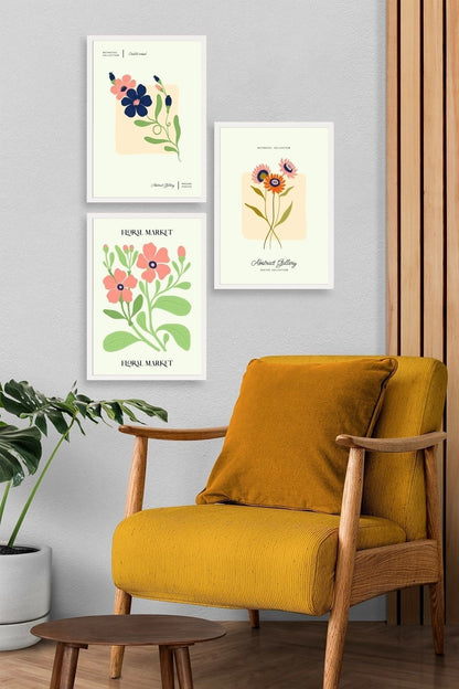 Flower Market Üçlü Ahşap Çerçeveli Tablo 30 x 40
