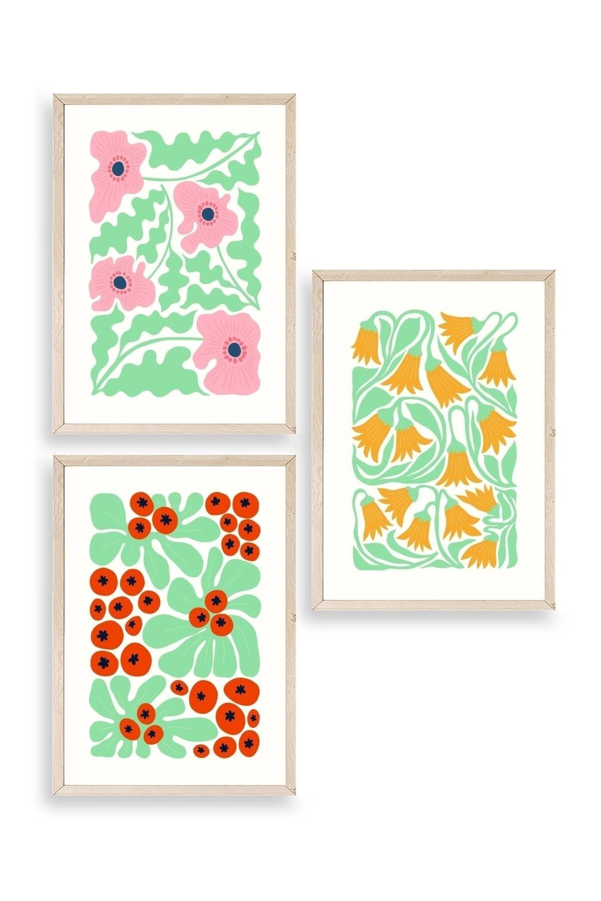 Çiçekler Üçlü Ahşap Çerçeveli Tablo 50 x 70