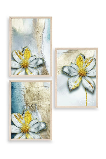 Çiçek Desenli Üçlü Ahşap Çerçeveli Tablo 23 x 30