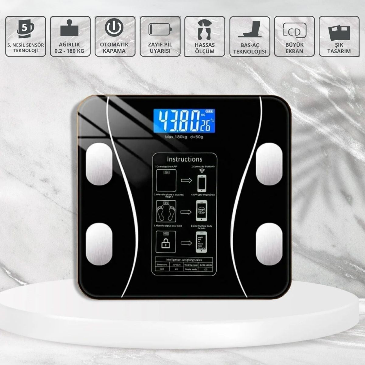 BUFFER® Dijital Baskül Yağ Ölçer Fonksiyonlu Akıllı Baskül Bluetooth Bağlantılı Tartı