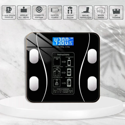 BUFFER® Dijital Baskül Yağ Ölçer Fonksiyonlu Akıllı Baskül Bluetooth Bağlantılı Tartı