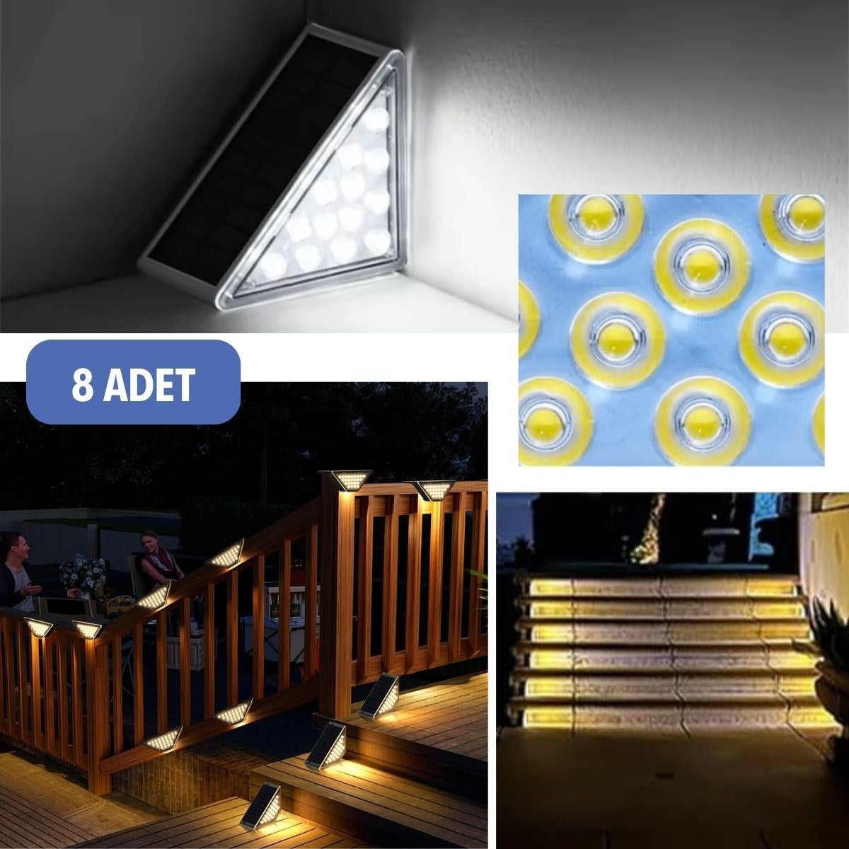 BUFFER® 8 Adet Üçgen  Güneş Enerjisi ile Şarj Olan Dış Mekan Solar Basamak Köşe Lambası