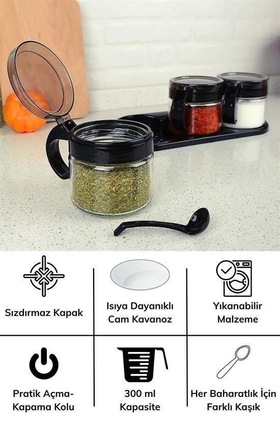 BUFFER® Siyah 3lü Standlı Kapaklı Kaşıklı Cam Hava Sızdırmaz Baharatlık Takımı KC-386