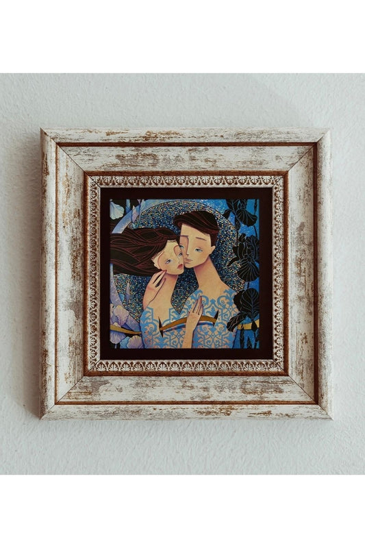 Sarılan Sevgililer Çerçeveli Taş Tablo , Çerçeveli Taş Duvar Dekoru 20 cm