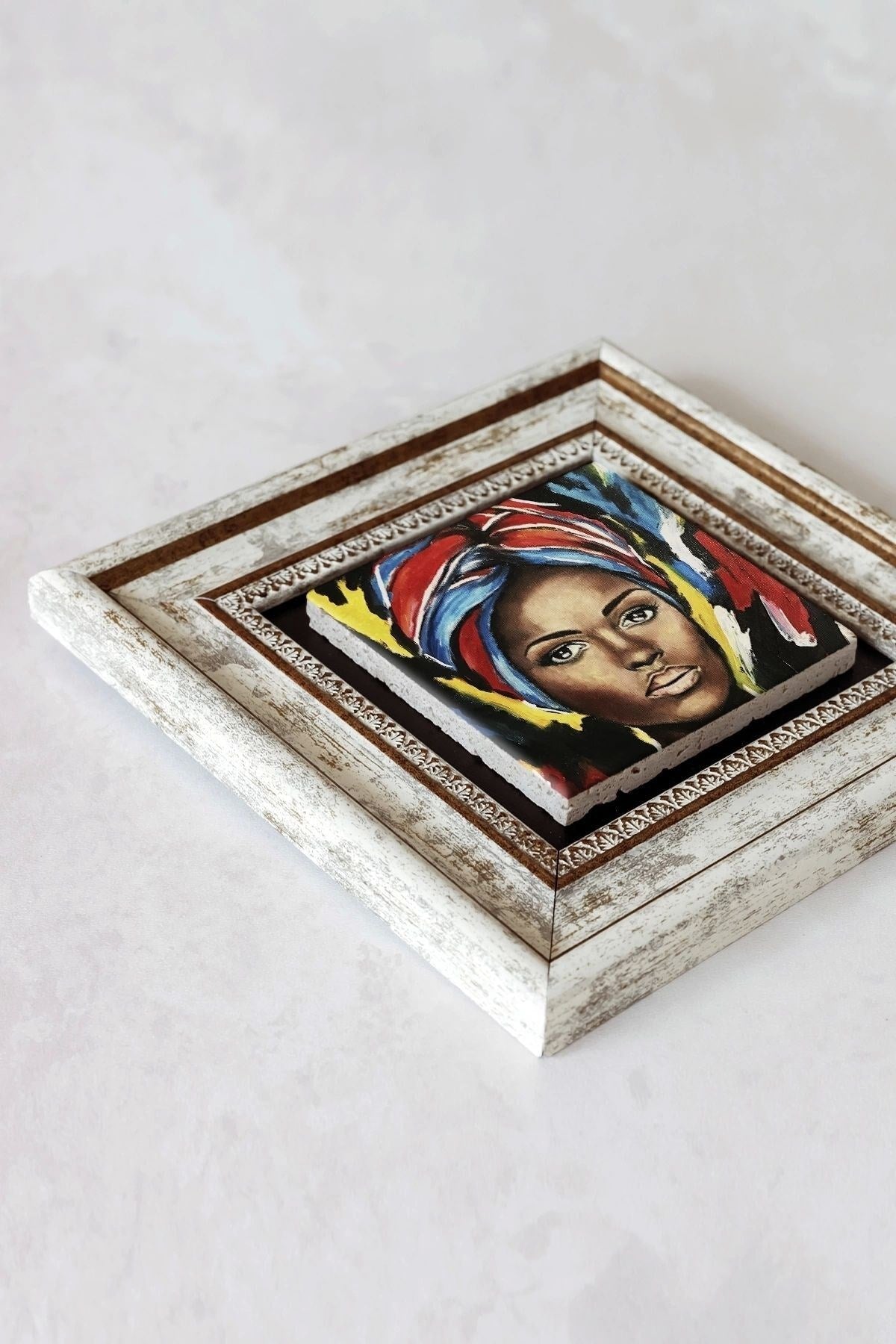 Afrikalı Kadın Çerçeveli Taş Tablo , Çerçeveli Taş Duvar Dekoru 20 cm