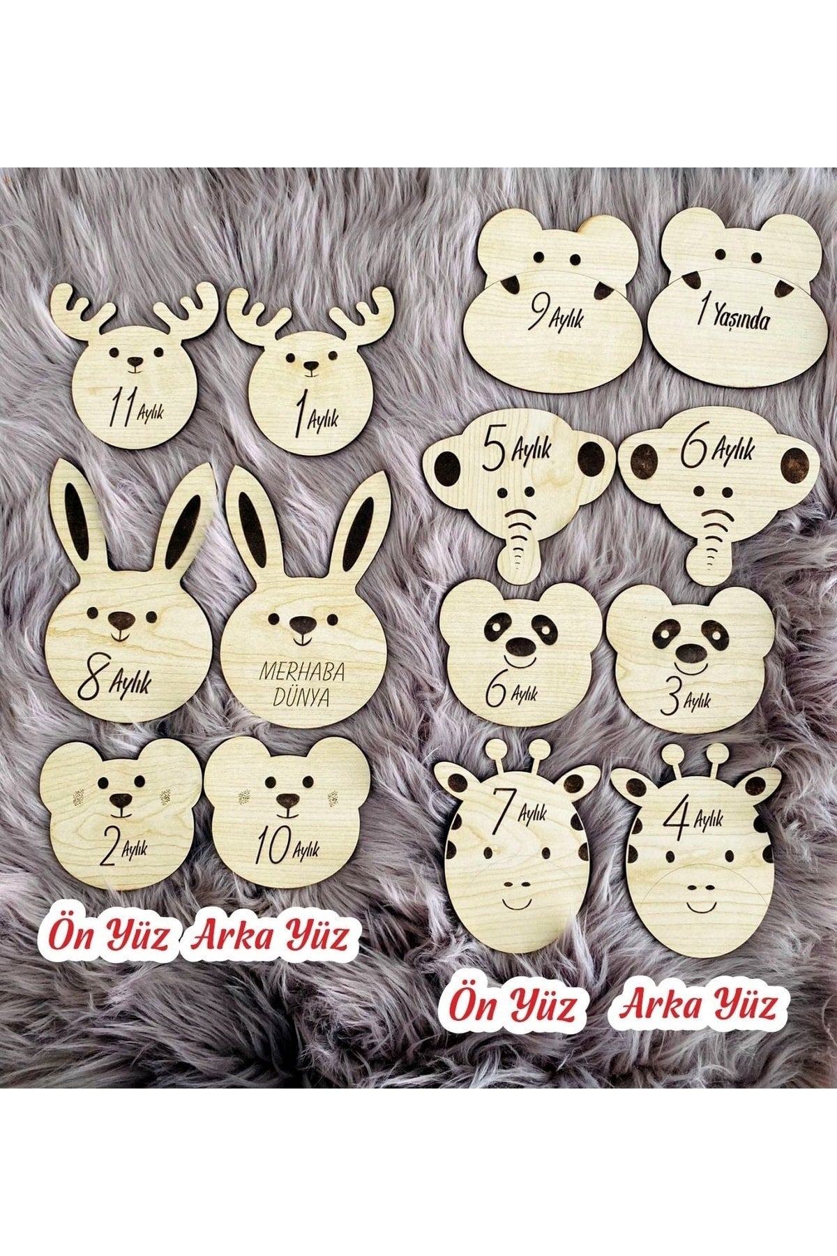 Sevimli Hayvanlar Ahşap Çift Taraflı Aylık Bebek Kartlar