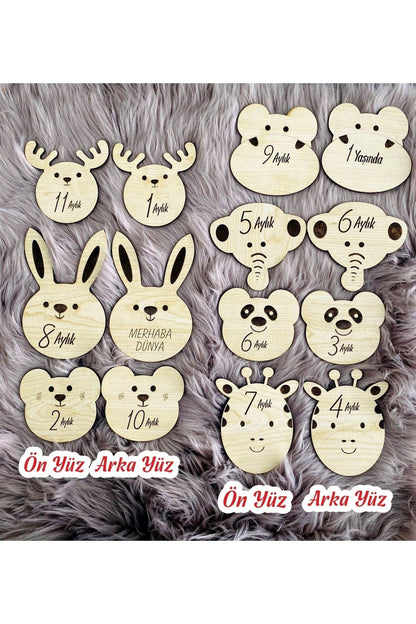Sevimli Hayvanlar Ahşap Çift Taraflı Aylık Bebek Kartlar