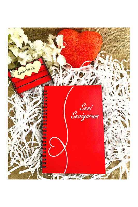 Sevgililer Günü Seni Seviyorum Yazılı Ahşap Defter Kalem Seti - Kırmızı