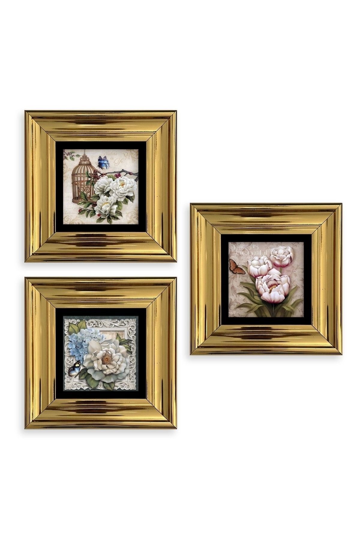 Çiçekler 3 lü Set Çerçeveli Taş Tablo 20 cm