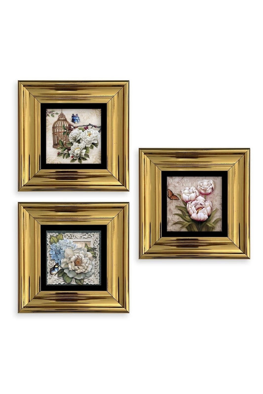 Çiçekler 3 lü Set Çerçeveli Taş Tablo 20 cm