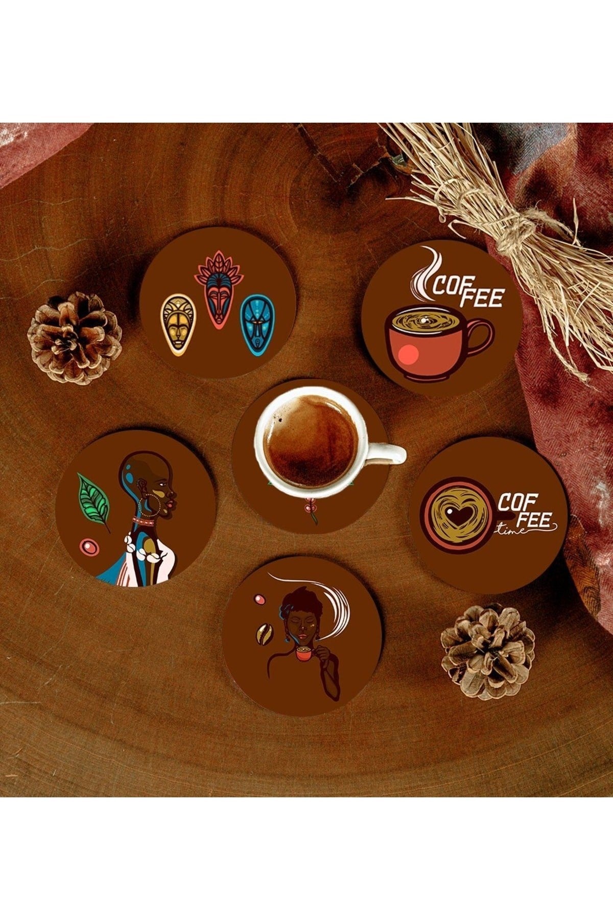 6 Adet Desenli Mdf Bardak Altlığı