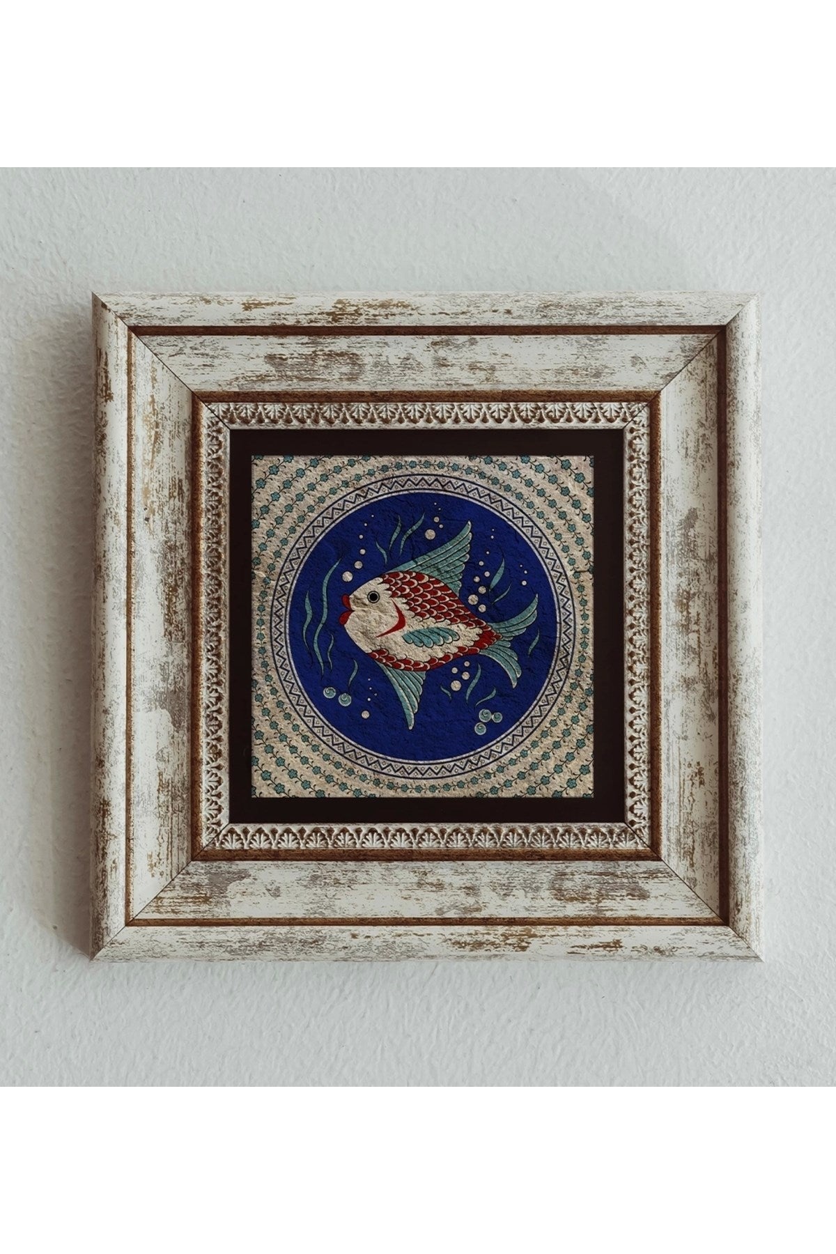 Balık Desenli Çerçeveli Taş Tablo , Çerçeveli Taş Duvar Dekoru 20 cm