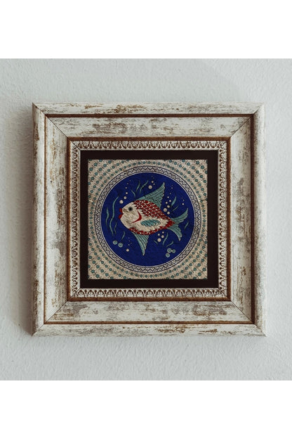 Balık Desenli Çerçeveli Taş Tablo , Çerçeveli Taş Duvar Dekoru 20 cm