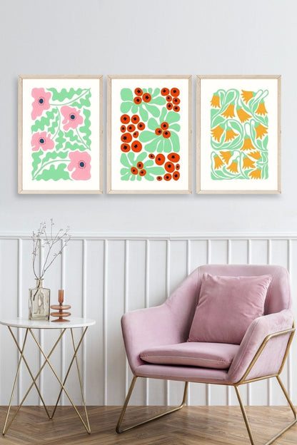 Çiçekler Üçlü Ahşap Çerçeveli Tablo 23 x 30