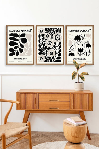Flower Market Üçlü Ahşap Çerçeveli Tablo 50 x 70