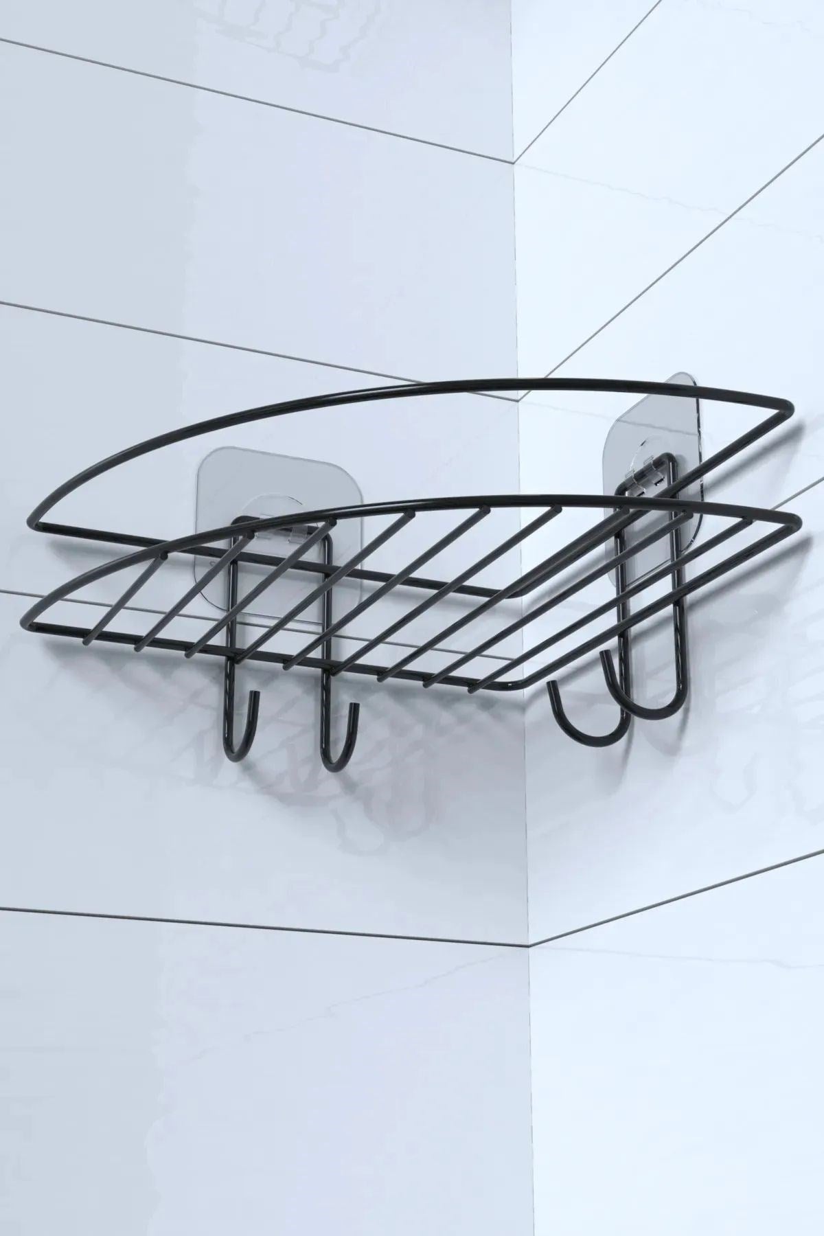 BUFFER® Yapışkanlı Banyo Köşeliği Kancalı Köşe Rafı Duş Şampuanlık Duvar Düzenleyici Organizer Raf