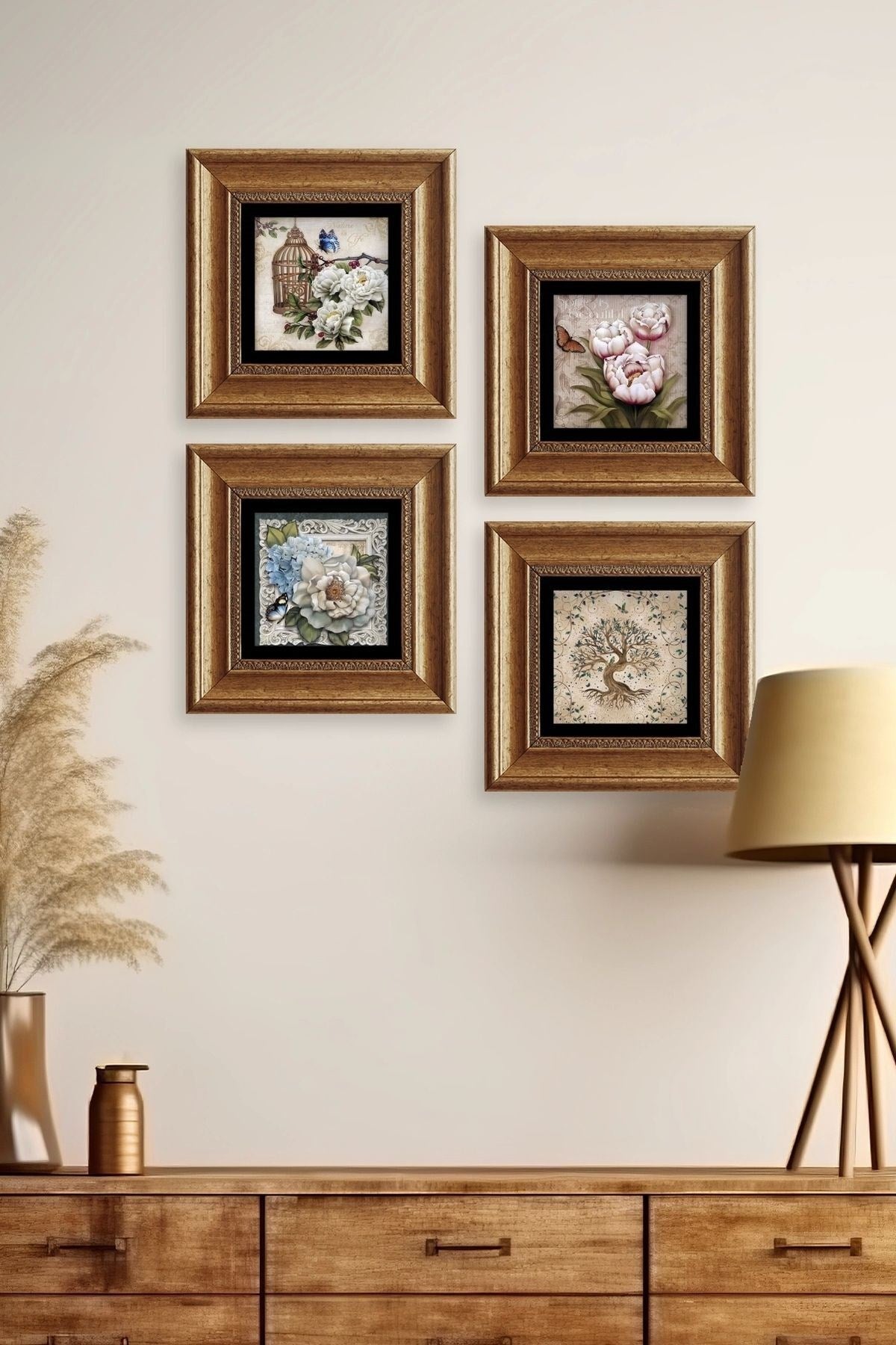 Çiçekler 4 lü Set Çerçeveli Taş Tablo 20 cm