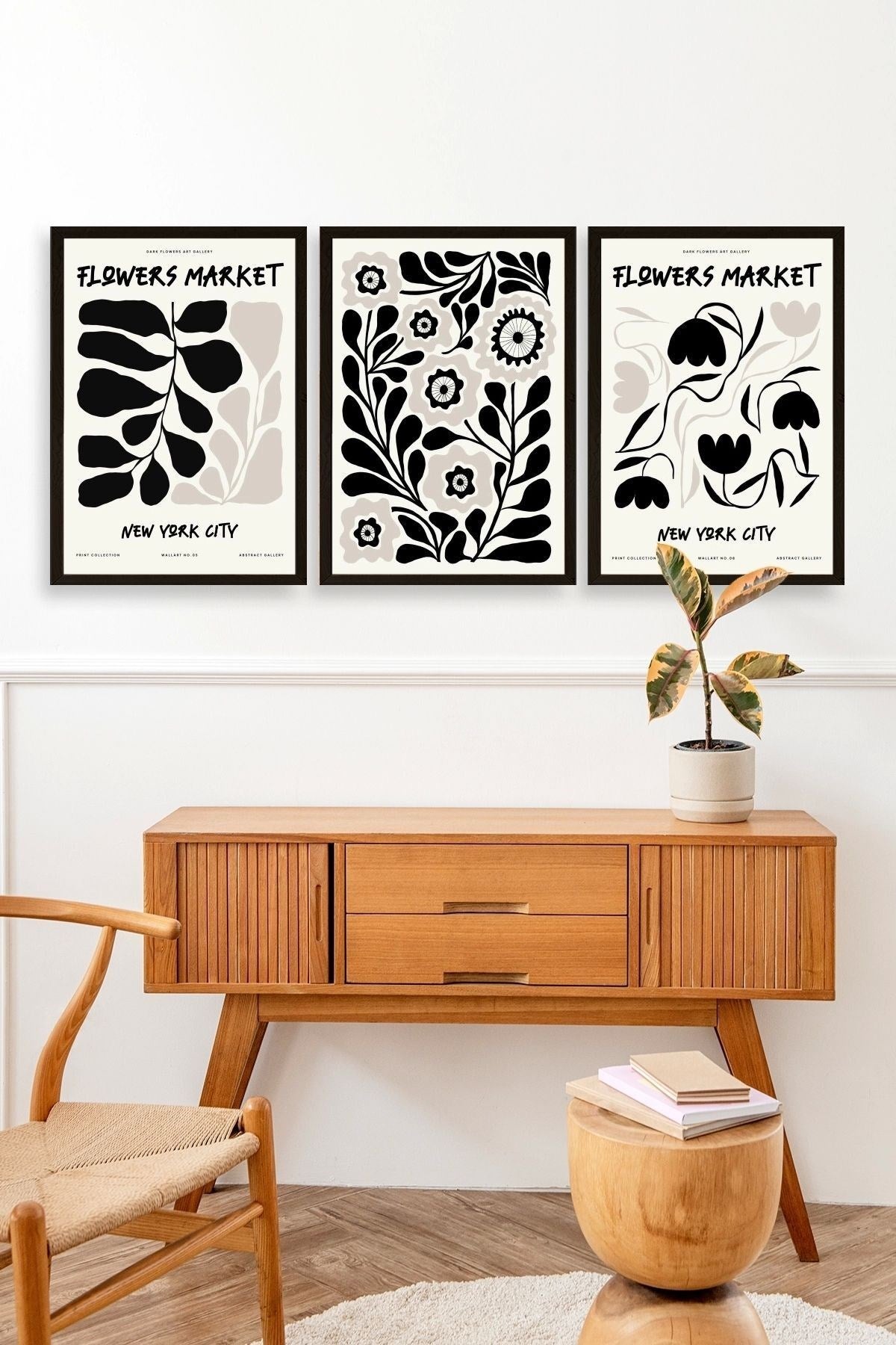 Flower Market Üçlü Ahşap Çerçeveli Tablo 50 x 70