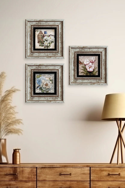 Çiçekler 3 lü Set Çerçeveli Taş Tablo 20 cm