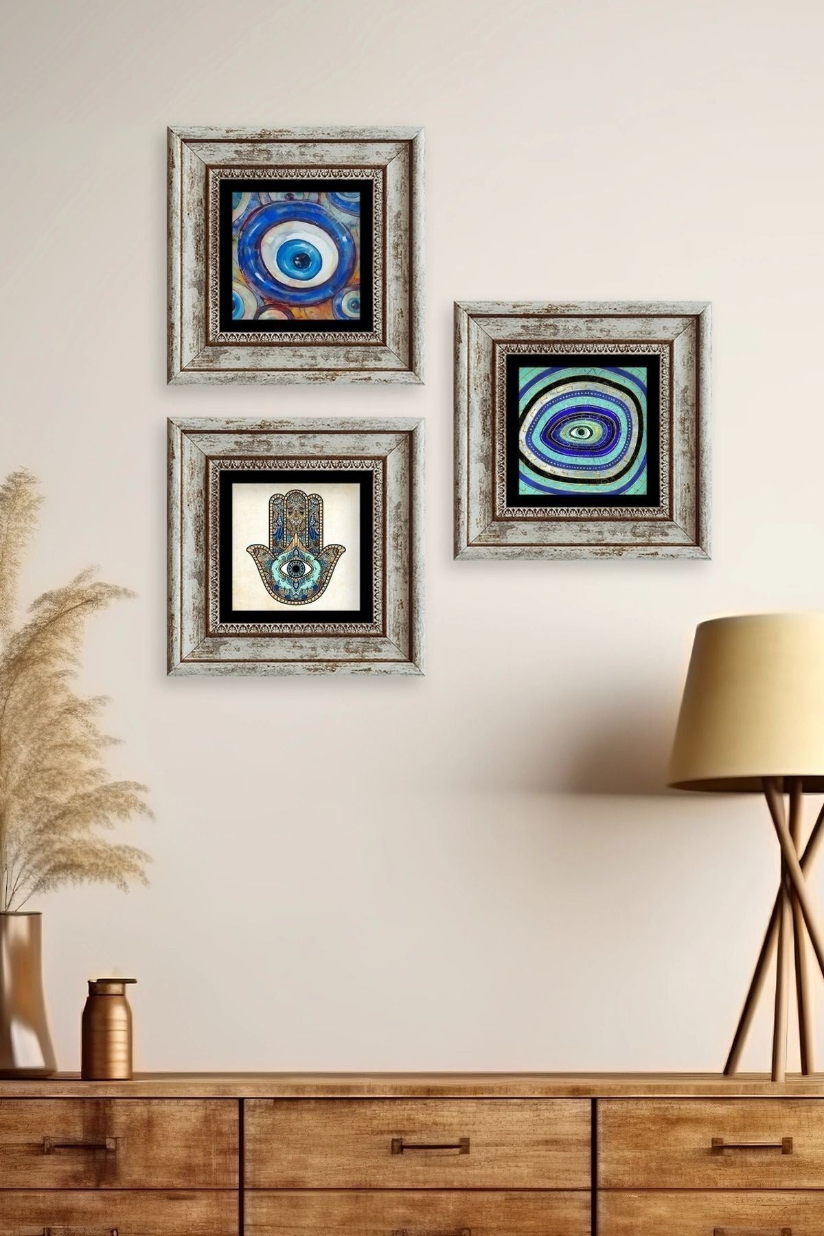 Nazar 3 lü Set Çerçeveli Taş Tablo 20 cm