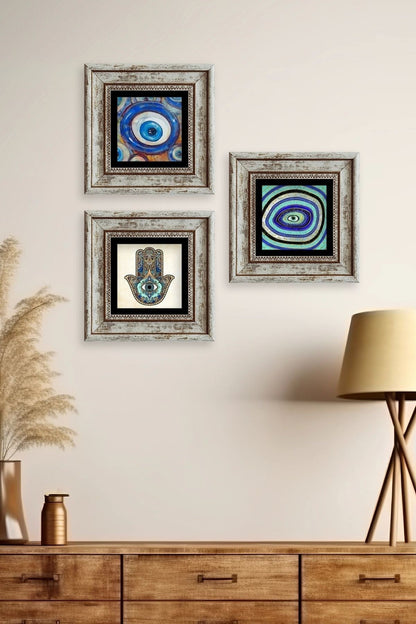 Nazar 3 lü Set Çerçeveli Taş Tablo 20 cm